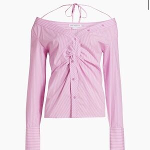 Good American Pink Striped Off-Shoulder Blouse